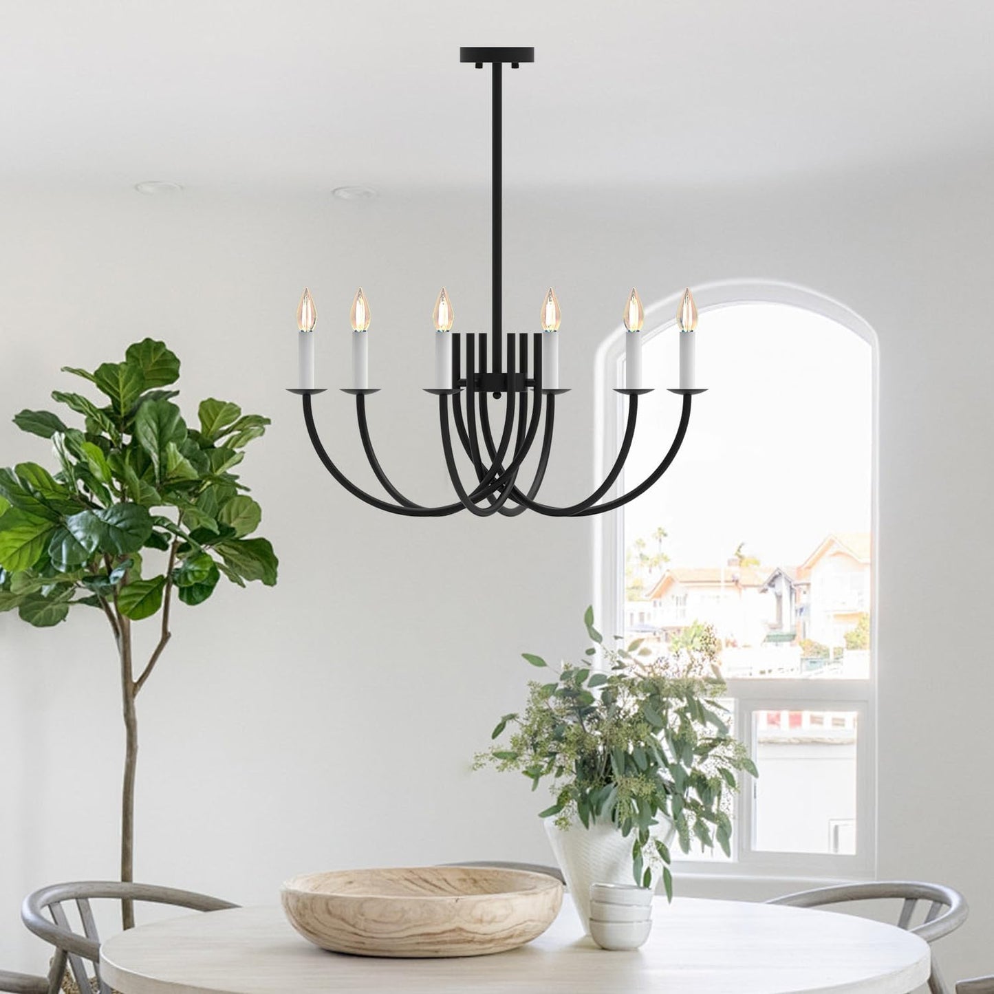 Black Dining Room Chandelier, LED Hanging Lamp Ceiling, Modern Round Candle Pendant Light Fixtures for Farmhouse Living Room Bedroom Kitchen Island (Black-C 6Lights)