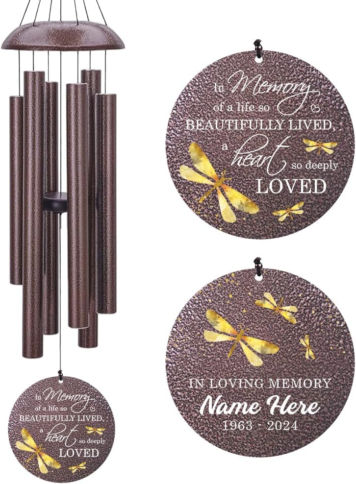 Sympathy Wind Chimes, Personalized Dragonfly Wind Chimes for Loss of Loved One, Commemorative Sympathy Gifts for Funeral, in Memory of Dad/Mom/Husband/Wife (36inch)