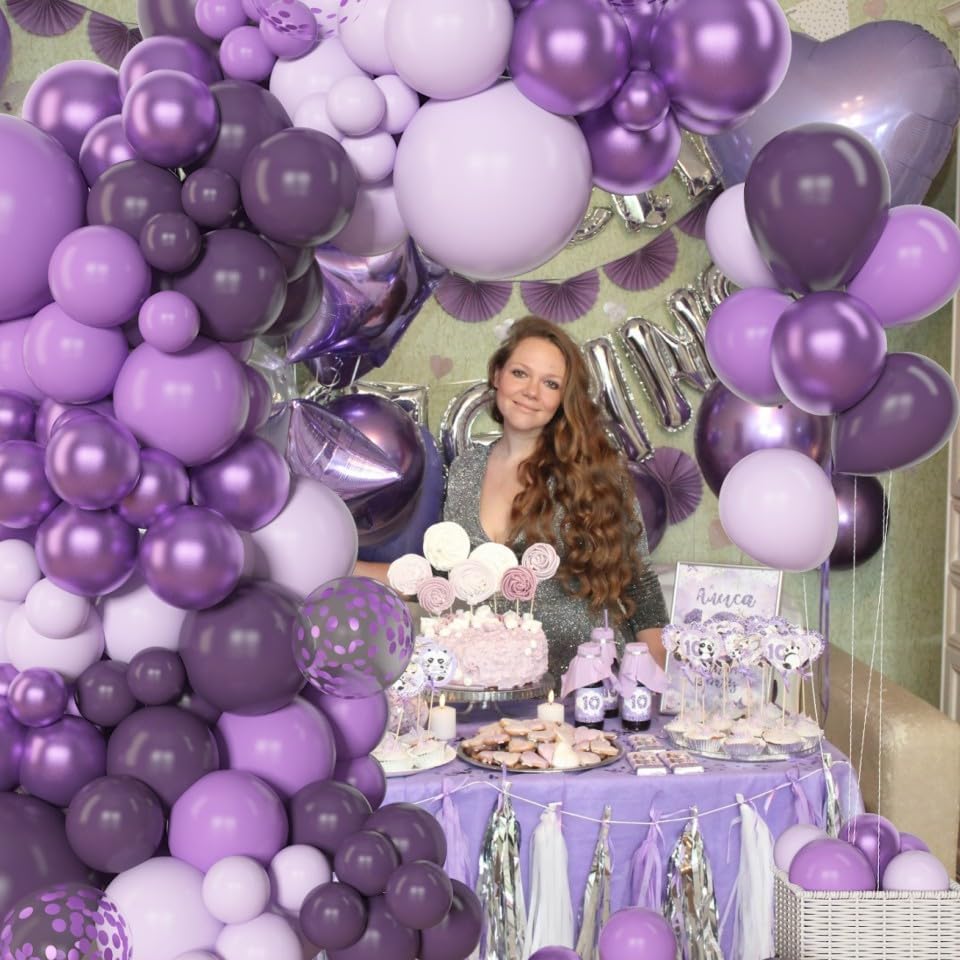 Amandir 153pcs Purple Balloon Garland Arch Kit, Different Sizes 18 12 10 5 inch Lavender Latex Metallic Confetti Purple Balloons for Girls Women Wedding Birthday Baby Shower Party Decorations Supplies