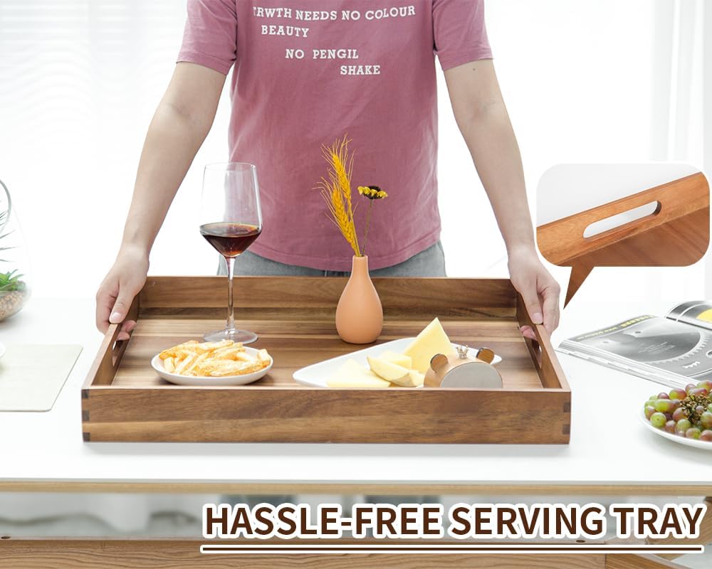 Extra Large Square Wood Tray, Generously 22" Acacia Serving Trays for Large Ottoman Coffee Table, Giant Square Shape Sofa Tray with Handles, Kitchen Organizer Storage Trays Huge Counter Serveware