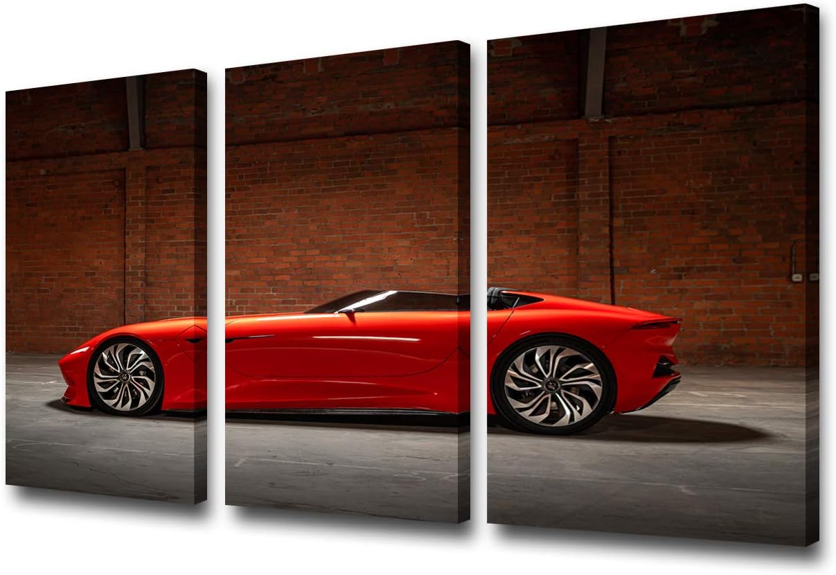 TUMOVO 3 Pieces Red Sports Car Wall Art Picture Home Decoration Living Room Canvas Print Painting Wall Picture with Frame and Stretched Ready to Hang - 12 x 24 inch x 3 Panels