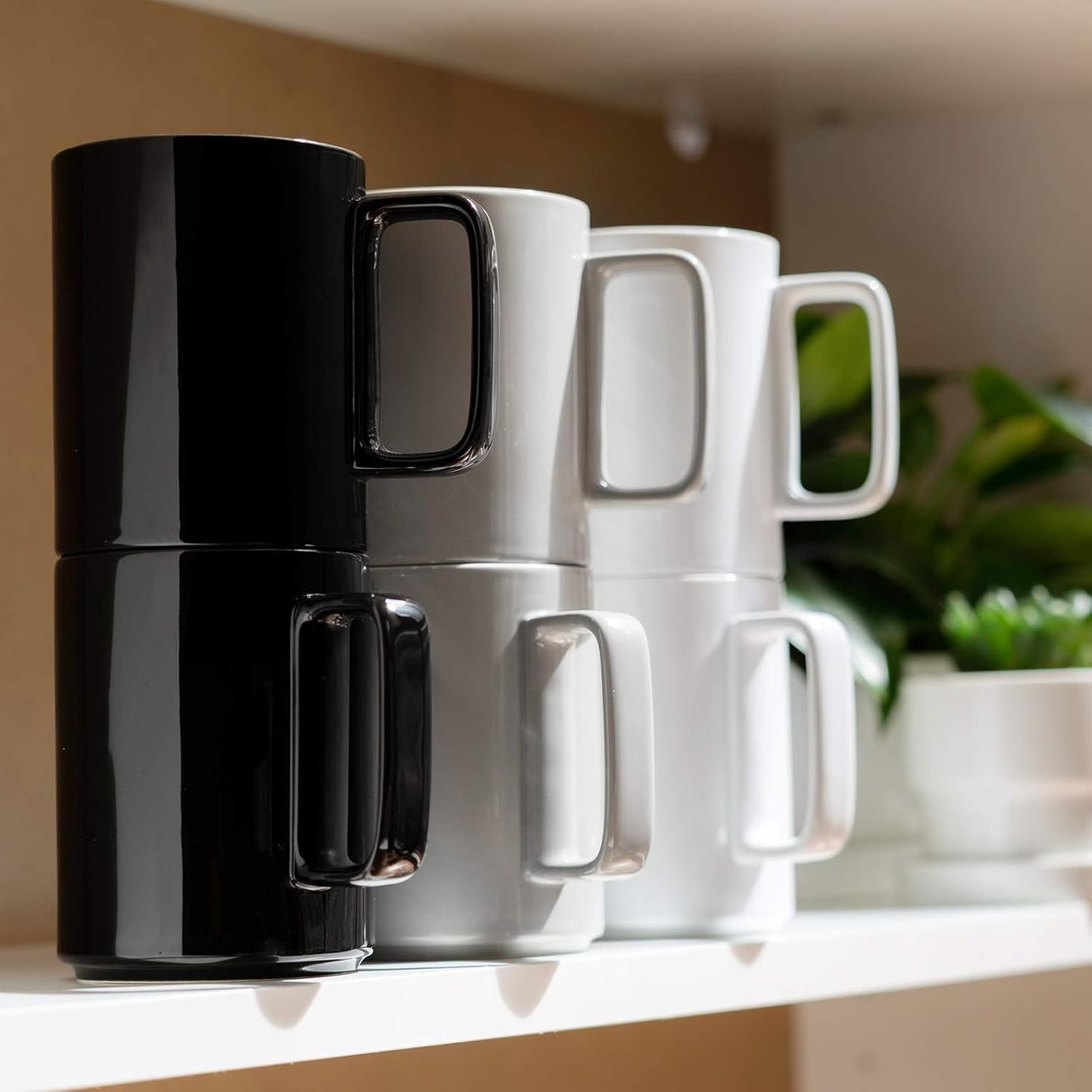 E-liu Porcelain Tea Mugs Coffee Mug Set, Large 15 Ounces Cups for Coffee, Tea, Cocoa, and Mulled Drinks, Set of 6, BlacK White Grey