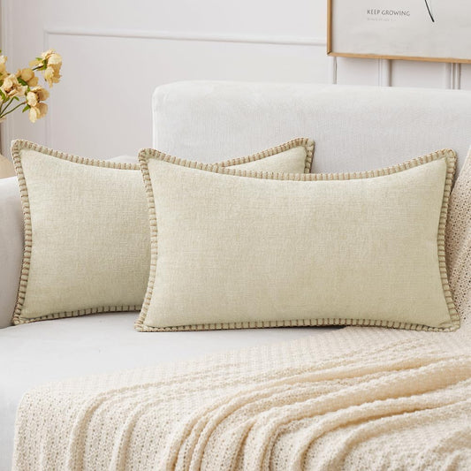 MIULEE Pack of 2 Christmas Pillow Covers 12x20 Inch Cream White Farmhouse Decorative Throw Pillow Covers with Stitched Edge Soft Chenille Solid Dyed Couch Pillow Covers for Sofa Bed Living Room