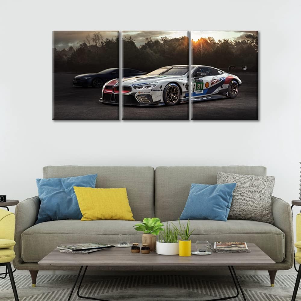Black and White Pictures for Living Room White Racing Cars Wall Art Prints on Canvas Speed Sports Car Painting Modern Artwork Wall Decor for Mens Bedroom Office Bathroom Decor Ready to Hang 36"Wx16"H