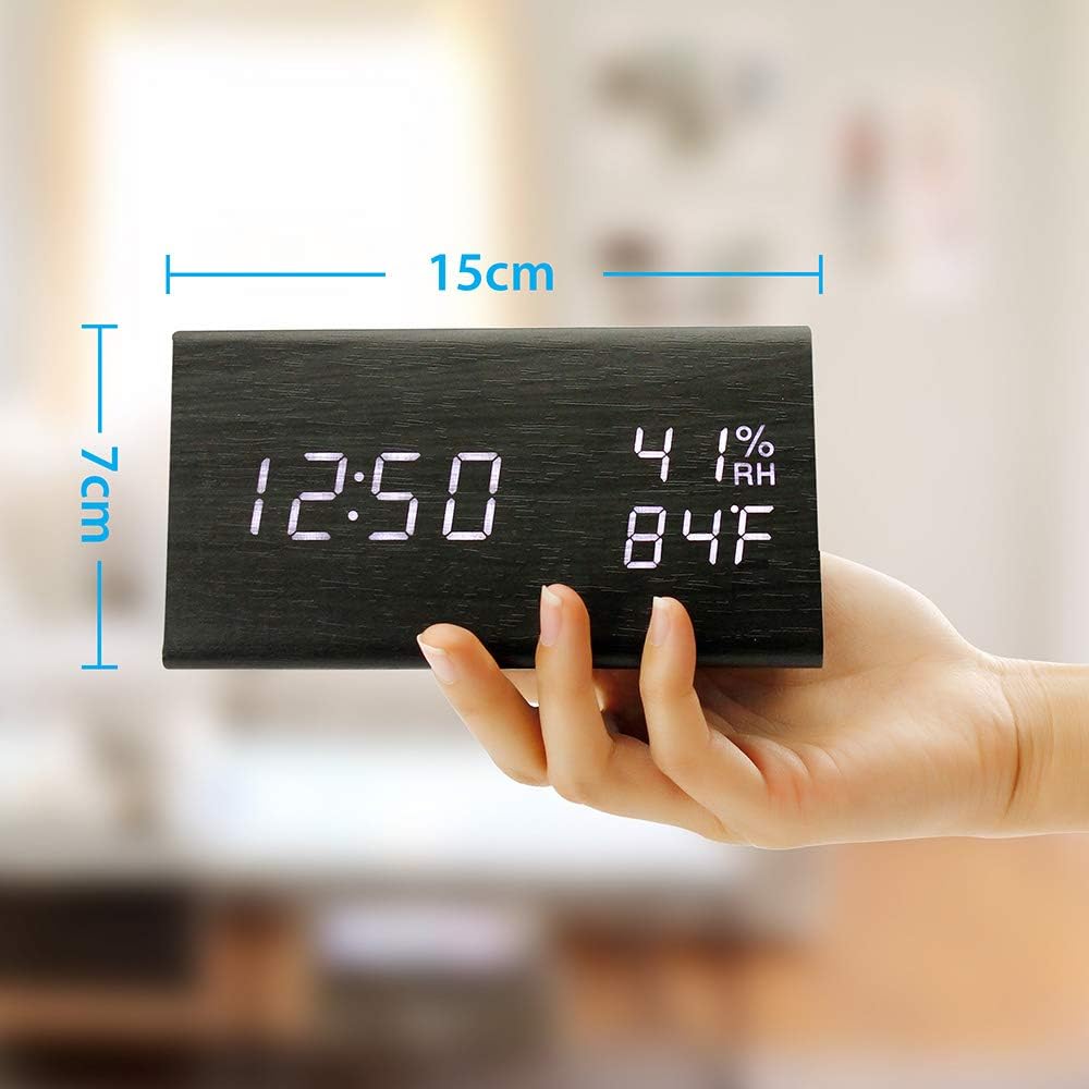 OCT17 Wooden Alarm Clock, Smart LED Digital Clock for Bedroom/desks, Upgraded with Time Temperature, Adjustable Brightness and Voice Control, Humidity Displaying - Black