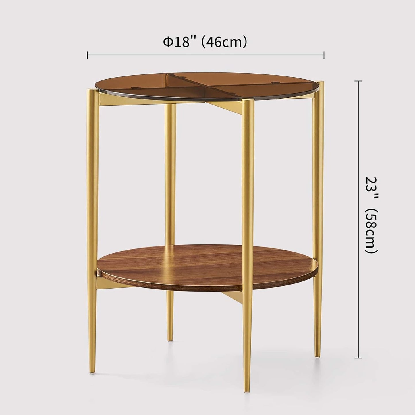 Round Glass End Table, Mid-Century Modern Design Sofa Table for Living Room, D18 x H23, 2-Tier Structure, Amber Glass Top and Walnut Shelf, Sleek Conical Legs with Gold Finish Frame