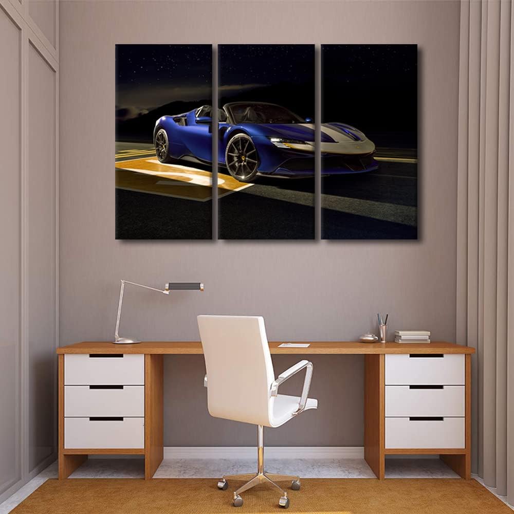 TUMOVO Blue Sports Car Under the Starry Sky Wall Art Painting on Canvas Supercar Bedroom Wall Art Modern Home Decor House Decorations for Living Room Pictures Stretched on Wooden Frame, 36" Wx24 H
