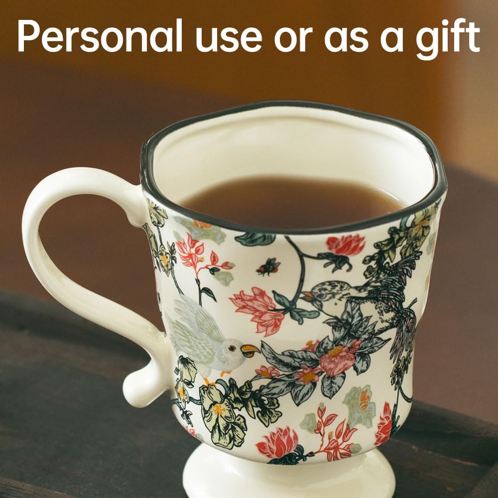 360ml -12.17oz Painted Floral & Bird Ceramic Mug - Cute Coffee Cup for Latte, Espresso - Gift for Women, Dishwasher Safe