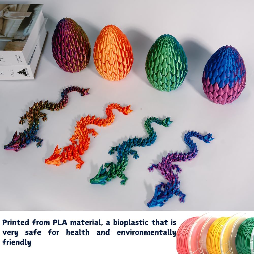3D Printed 12” Articulated Crystal Dragon Inside 5.1” Egg – Fantasy Collectible, Fidget Toy & Stocking Easter Basket Stuffers for Home & Office Decor (Multicolor).