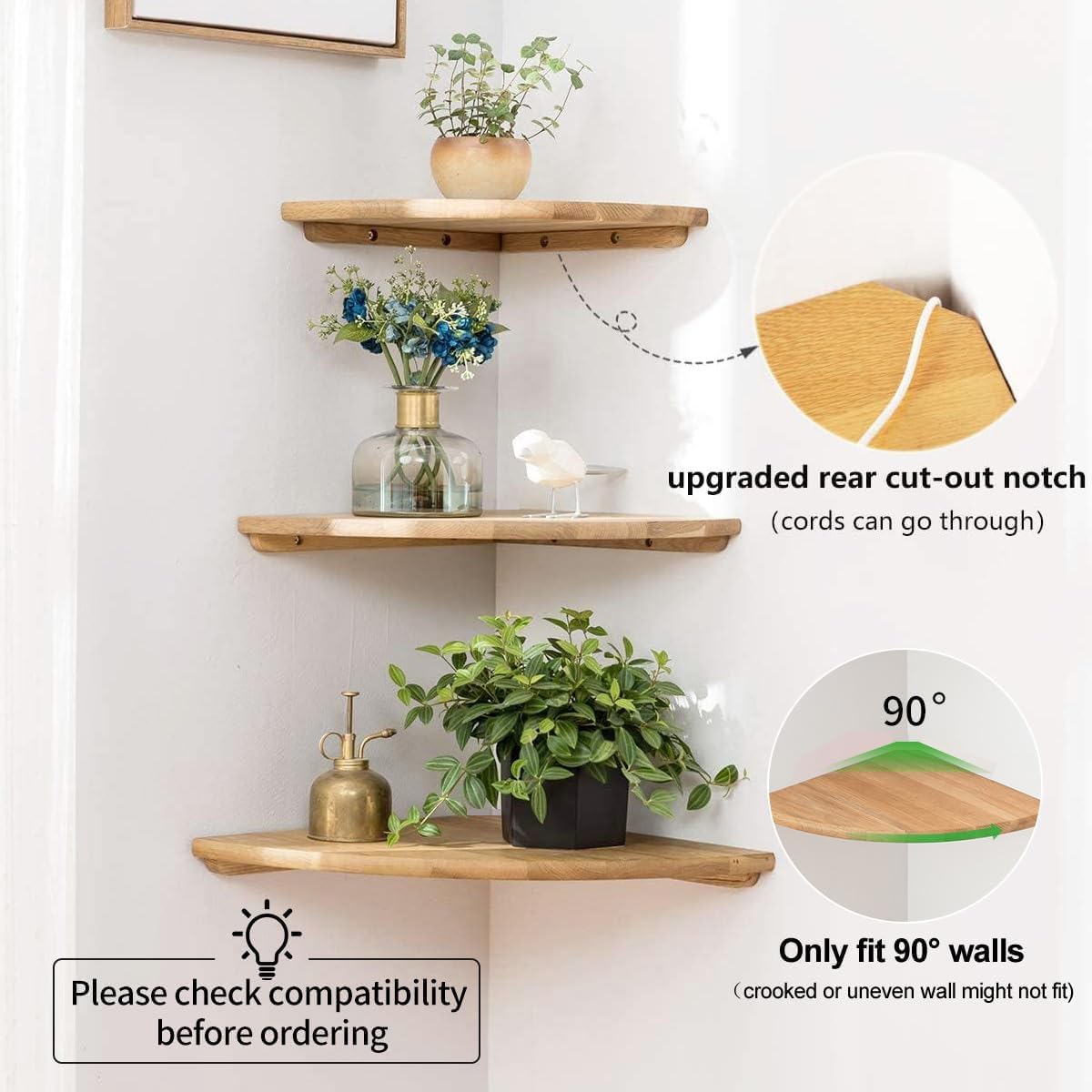 Corner Shelves, Floating Corner Shelf, Set of 2 7inch Solid Oak Wood Wall Shelves, Round End Wall Mount with Wire Hole Shelving for Small Plant for Bedroom Kitchen, Living Room