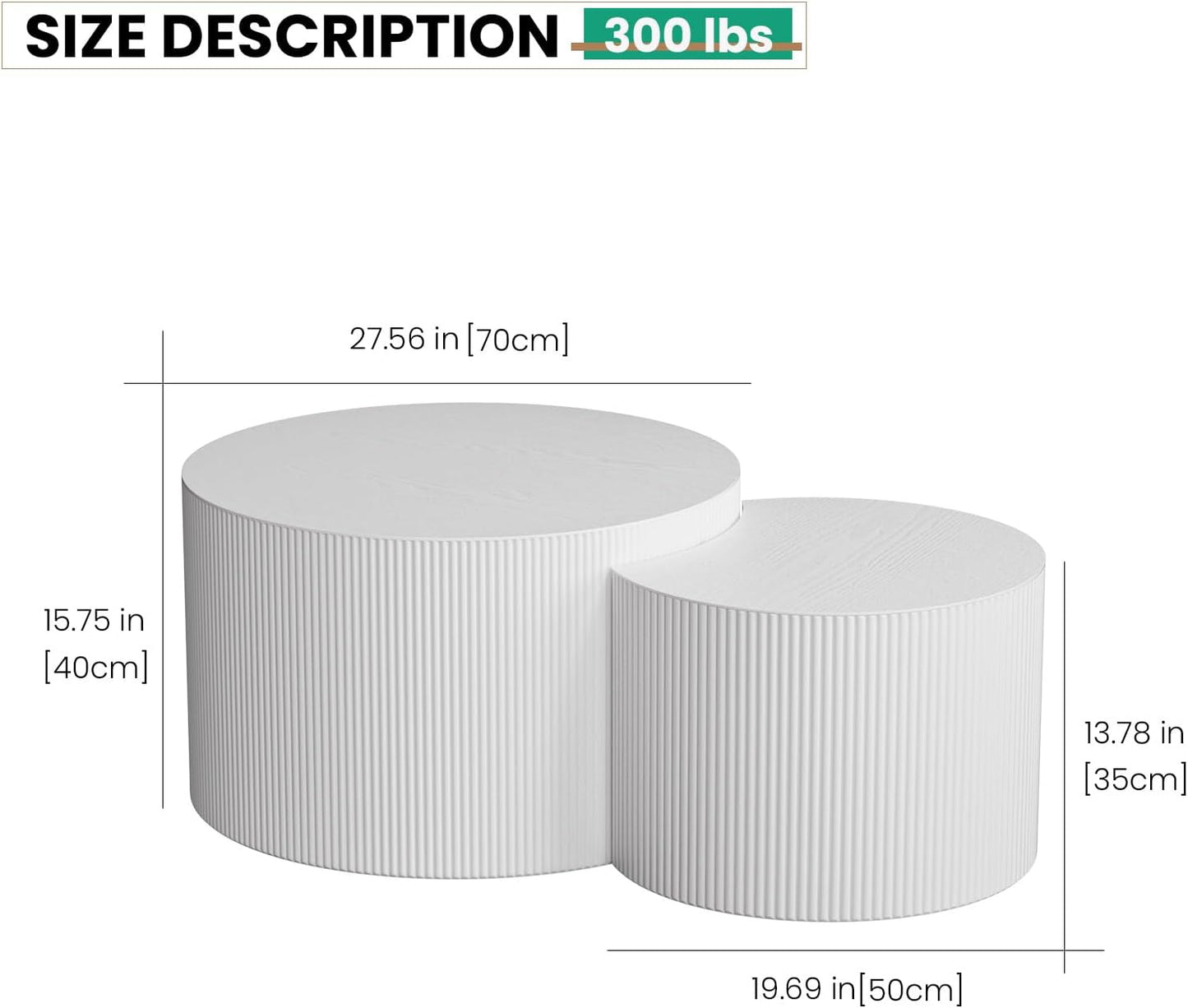 Round Nesting Coffee Table Set of 2 Handcraft Circle Fluted Nesting Coffee Tables Circular Side Table Drum Accent End Tables for Living Room Bedroom (White B Large)