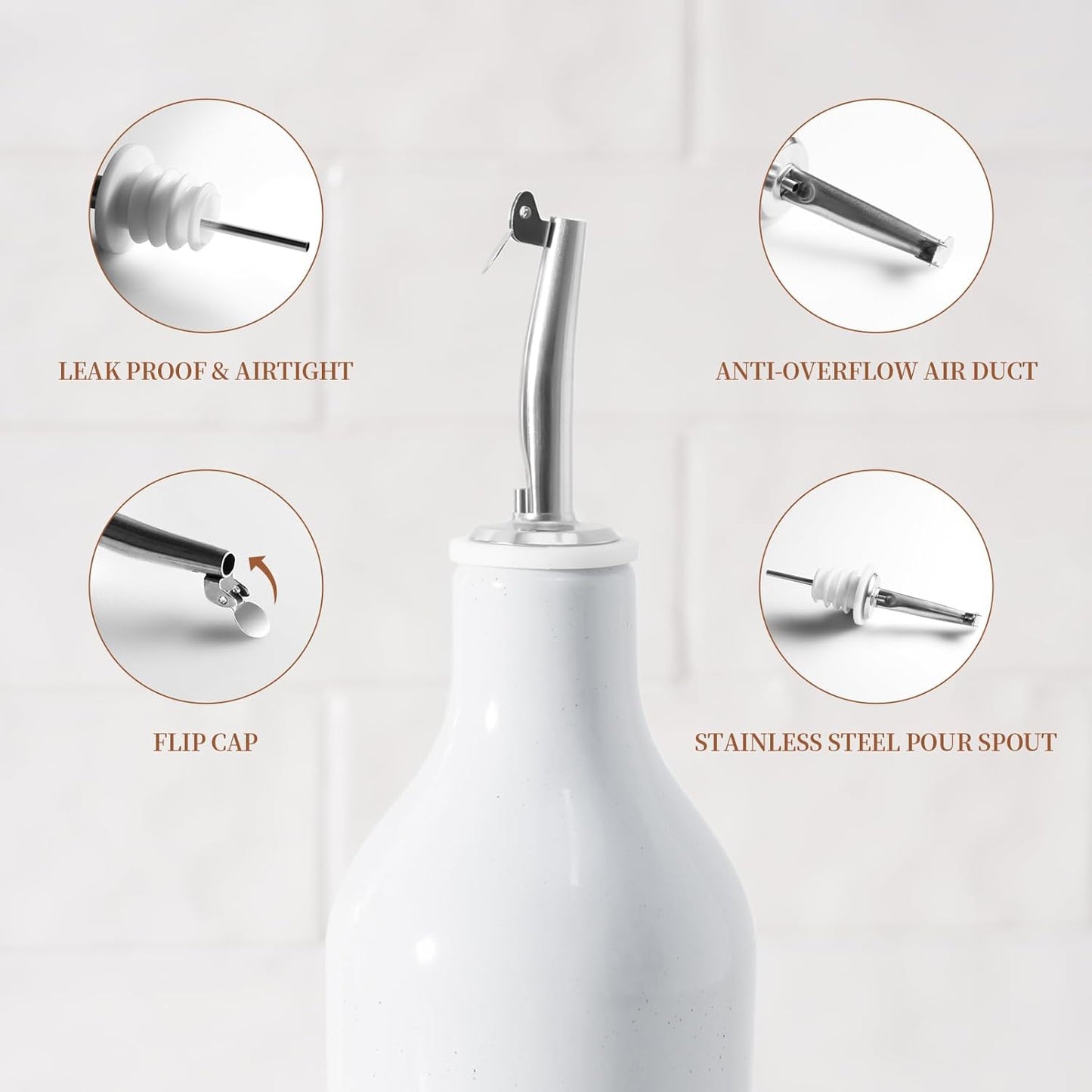 famiware Milkyway 16oz Ceramic Olive Oil Dispenser Bottle, 1 Piece Oil Dispenser for Kitchen with Stainless Steel Pourers, Suitable for Storage Vinegar, Soy Sauce, Coffee Syrup, Liquids, Light Gray