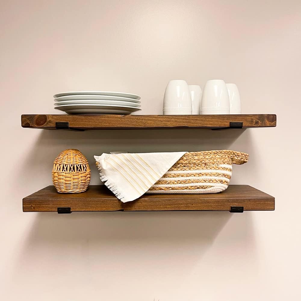 Rustic Shelves with J-Brackets Set of 2, Industrial Shelf, Kitchen Shelves, Solid Wood, Decorative Wall Storage, Heavy Duty, URBANDI (Provincial, 24Wx12D)
