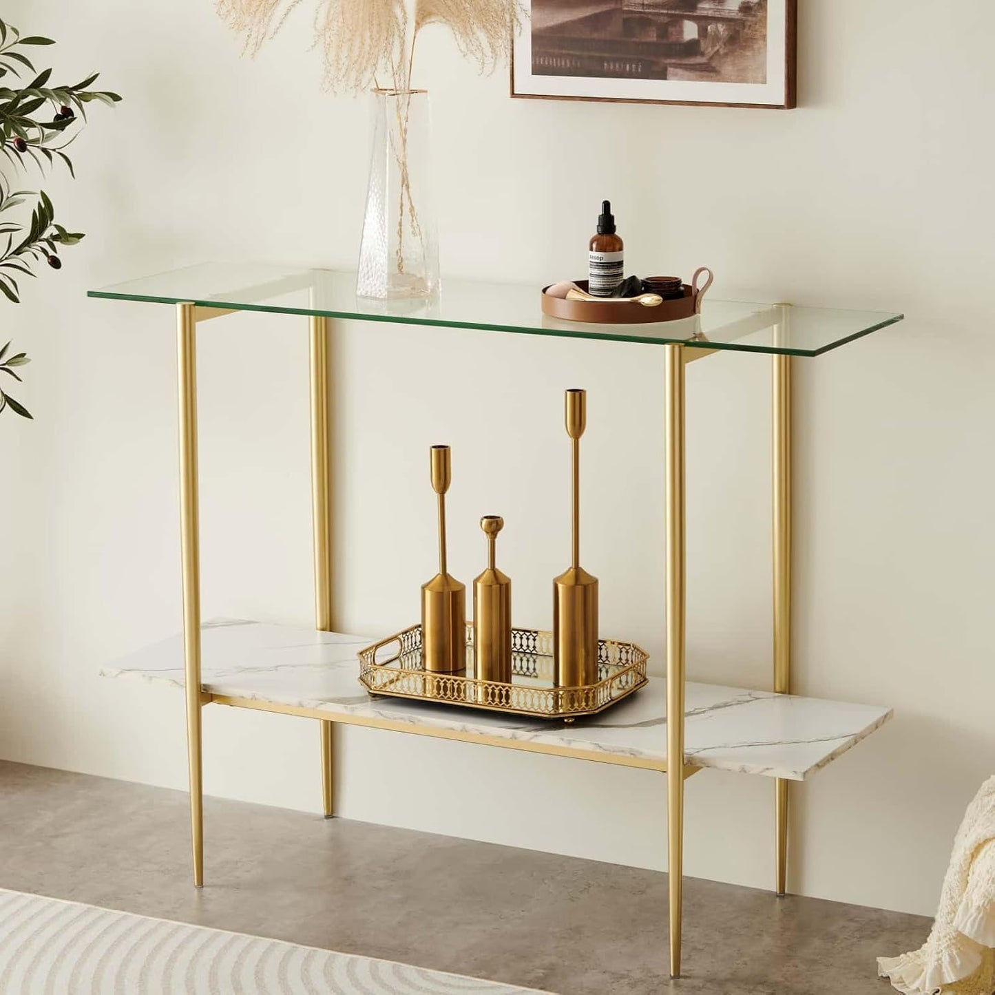 Glass Console Table for Living Room, Foyer & Entrance, 2-Tiers Mid-Century Modern Sofa Table with Clear Glass Top, White Marble Finish Wood Shelf and Gold Finish Frame