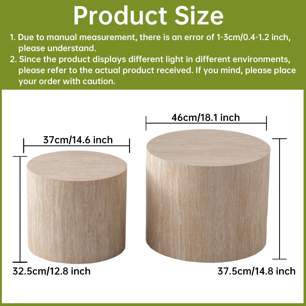 Round Nesting Coffee Table Set of 2 Small Round Coffee Tables for Living Room Modern Fluted Coffee Table Circular End Table Side Table for Small Spaces No Assembly (Travertine, 18 in)