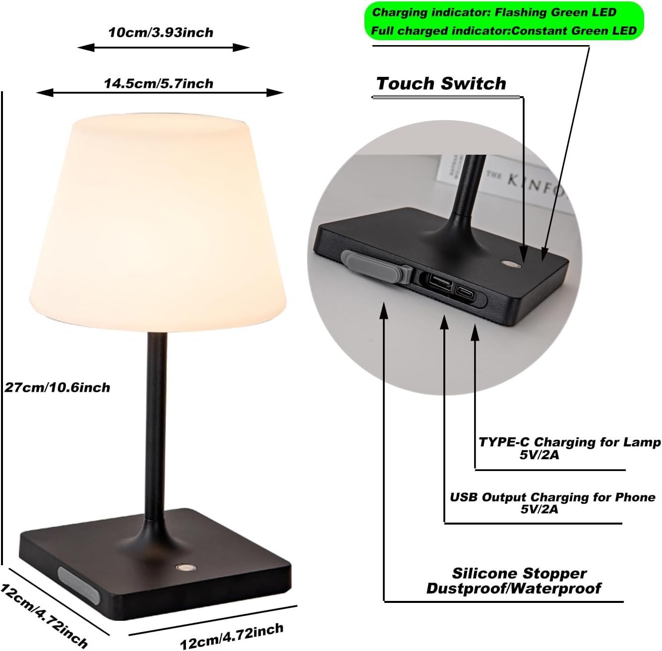 Outdoor Rechargeable Table lamp Cordless, Battery Operated Night Lights,Waterproof lamp for Shower,4000mAh LED 3 Colors Dimmable Touch Bedside Lamp for Coffee Shop Bath Patio -Black