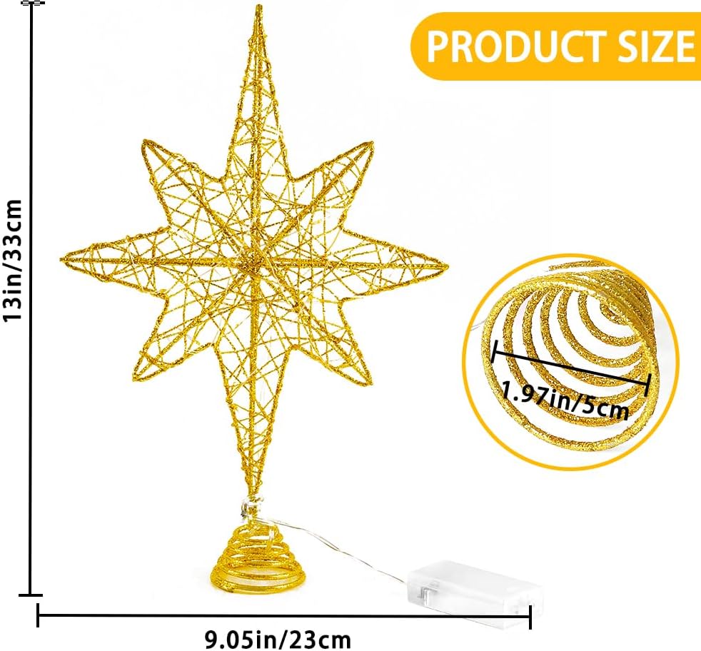 Christmas Tree Topper Lighted 13.5” Gold Star Tree Toppers with 20 LED Lights Christmas Tree Top Ornament for New Year Holiday Home Office Indoor Decorations
