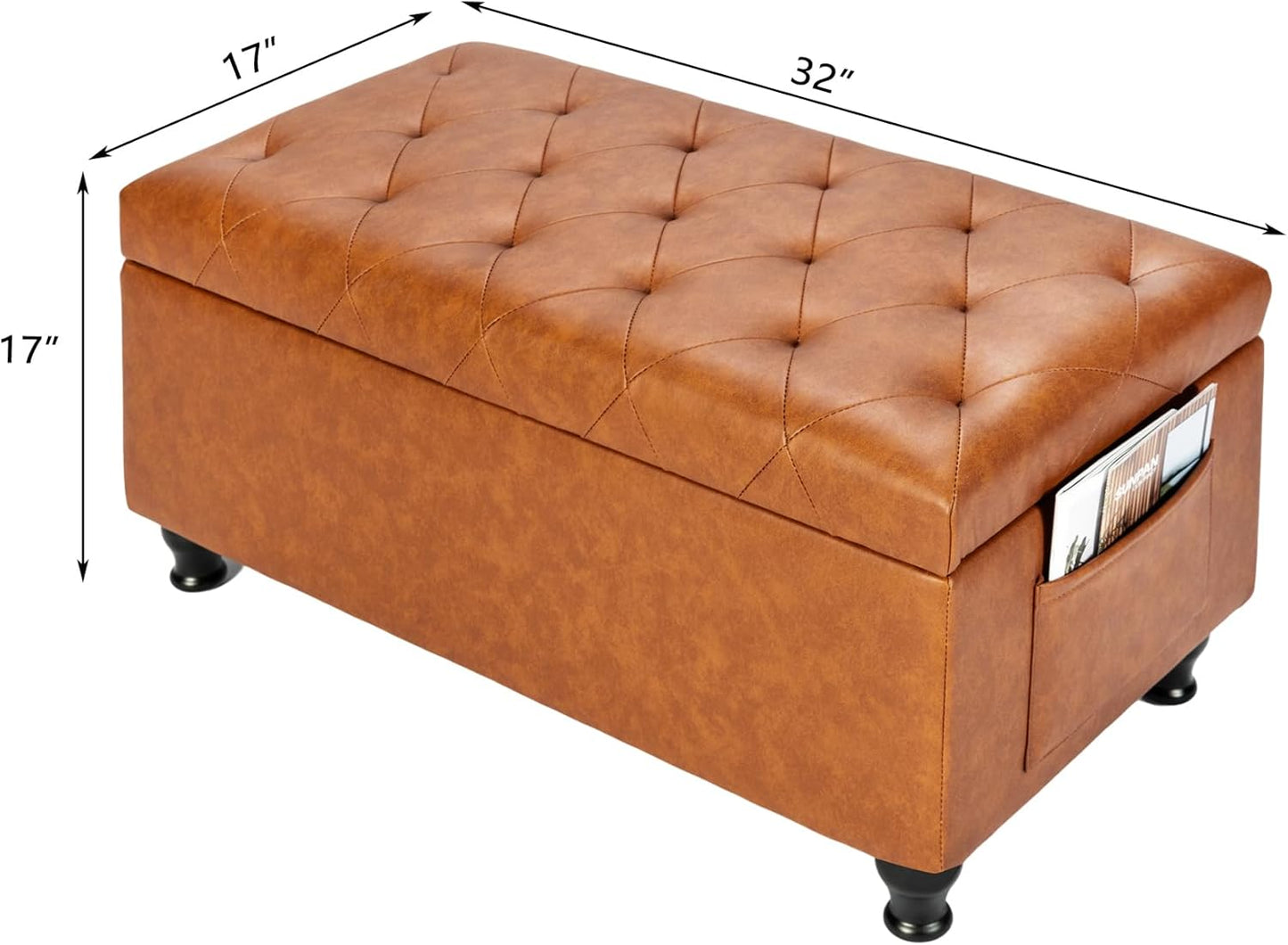Leather Storage Ottoman Bench Rectangle 32 Inch Foot Rest Ottomans Stool for Living Room Bedroom(Yellowish Brown)