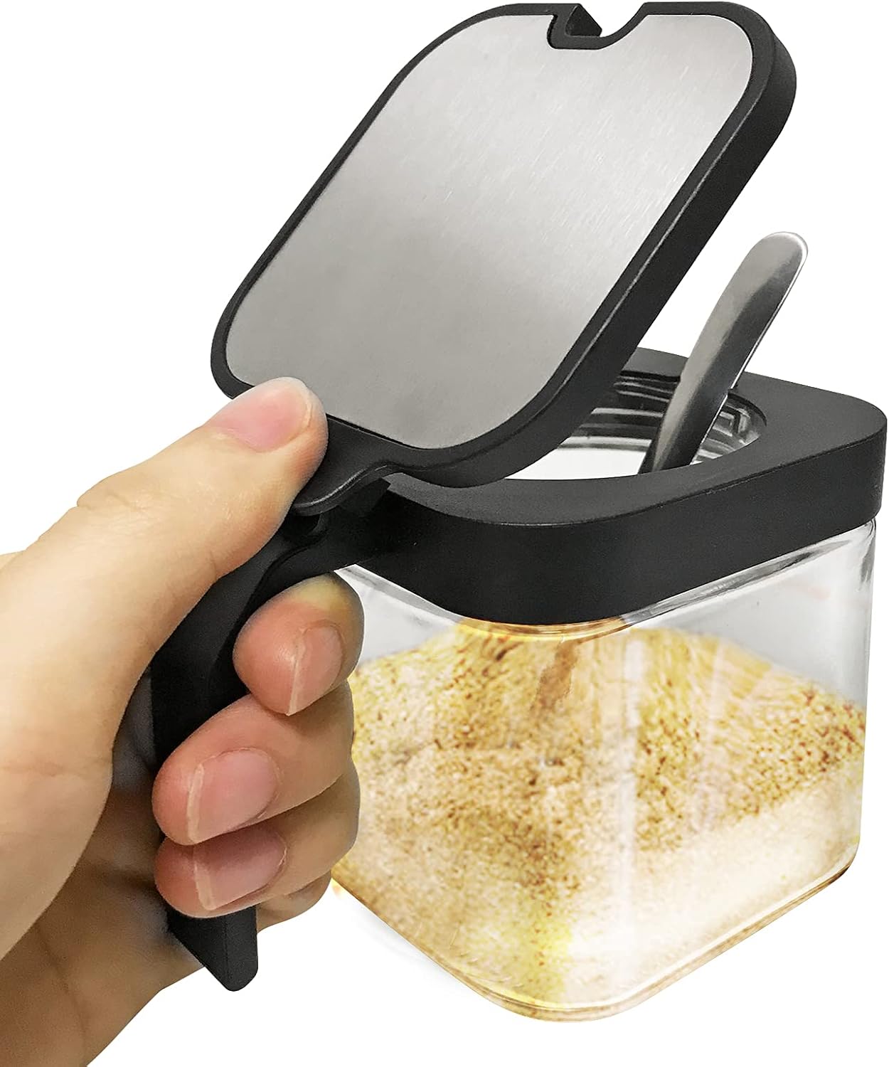 XIUDI Glass Spice Jars(3 piecesset)，Seasoning Containers with 304 Stainless Steel Lids and Spoons，Clear Glass Condiment Canisters Pots Seasoning Box Salt Container Sugar Bowl，for Kitchen,