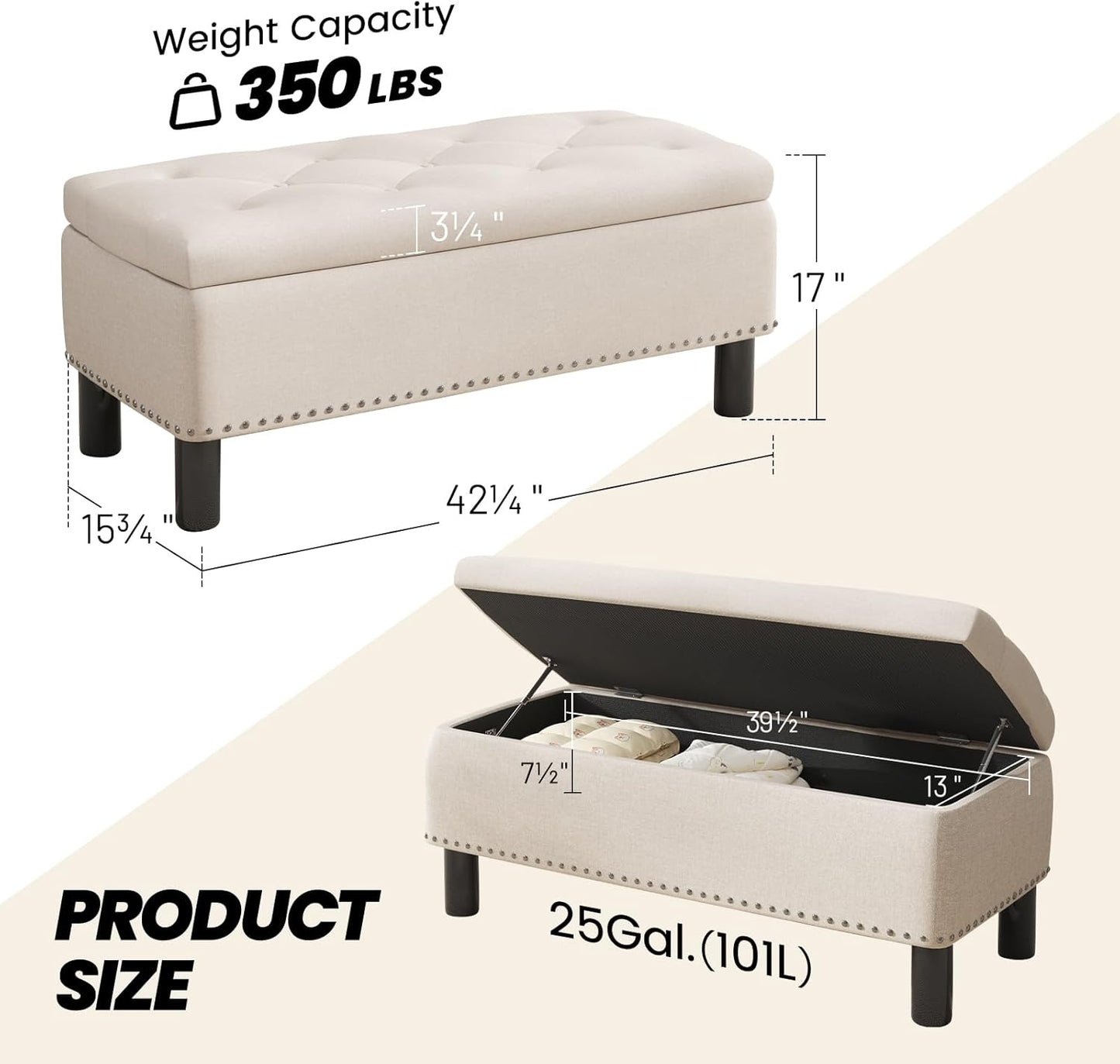 Furniliving 42” Ottoman Bench with Storage, Folding Storage Ottoman Benches with Wood Legs, Upholstered Bedroom Bench with Button-Tufted, Entryway Bench for Bedroom, Linen, Beige