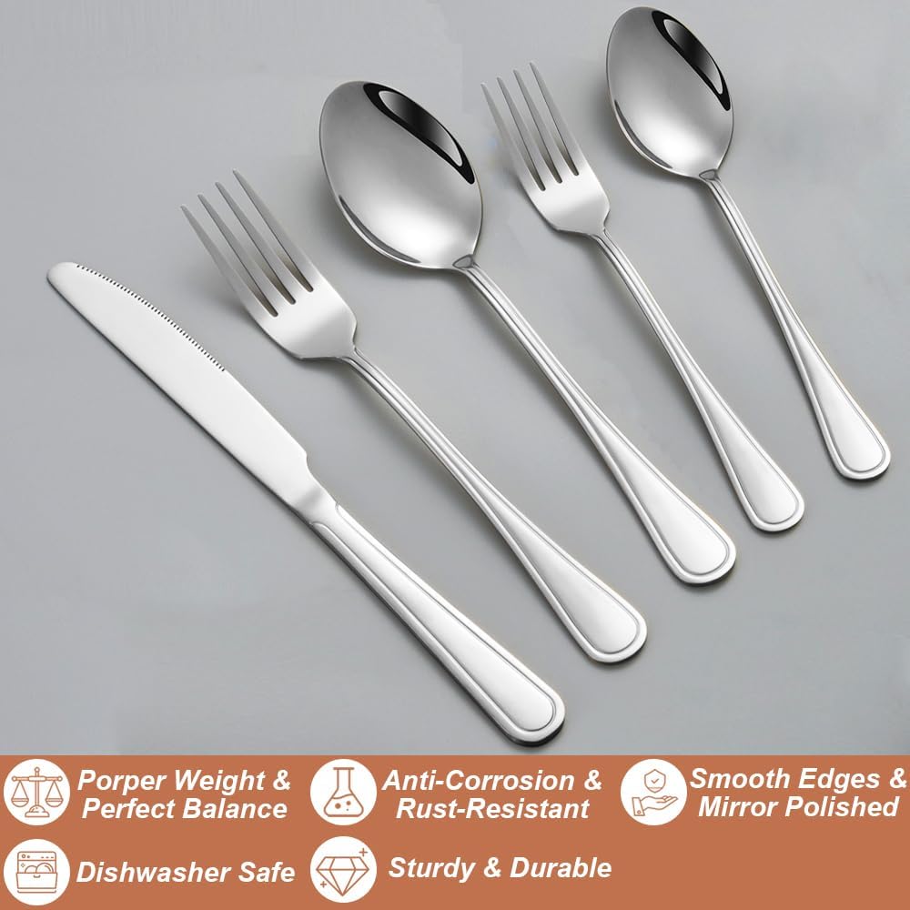 40 Pcs Silverware Set for 8 with Simple Striped Handle Design, Food Grade Stainless Steel Flatware Set, Eating Utensils Sets Include Fork/Knife/Spoon, Reusable Cutlery Set, Dishwasher Safe