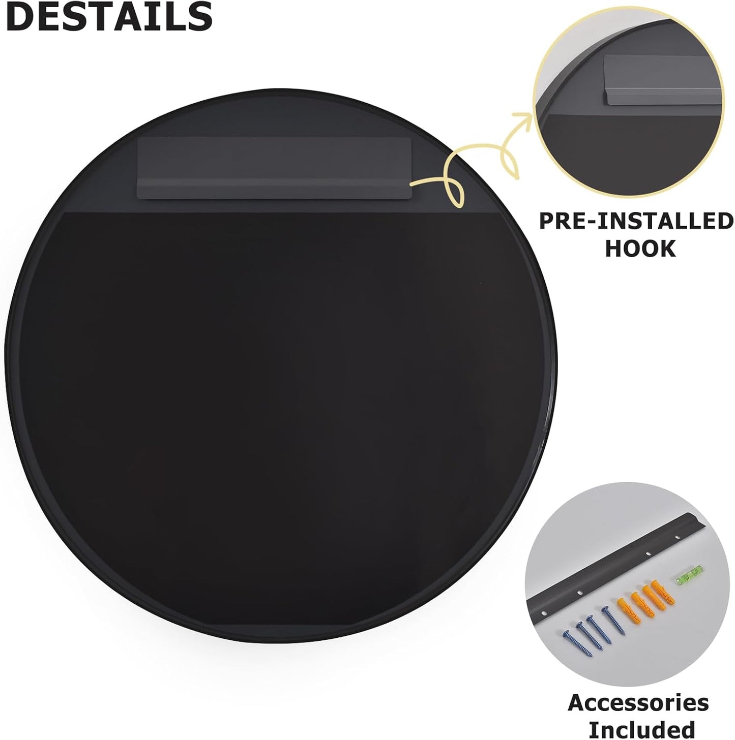 24 Inch Round Bathroom Mirror - Wall Mounted Circle Mirror with Metal Frame, Modern Mirror Suitable for Bathroom, Vanity, Entryway, Living Room, Wall Decor,Black