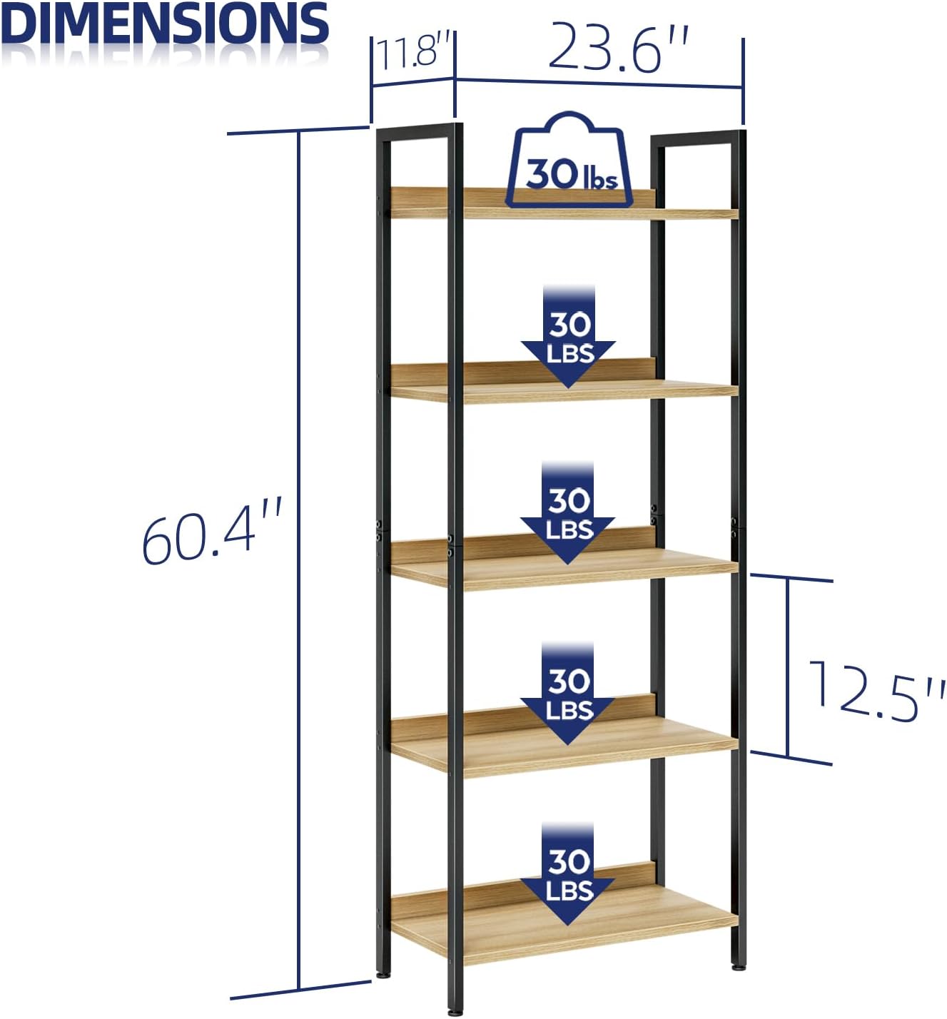 NUMENN Bookshelf, 5 Tier Bookshelves, Home Office Bookcase Shelf Storage Organizer, Free Standing Storage Shelving Unit for Bedroom, Living Room and Home Office, Natural