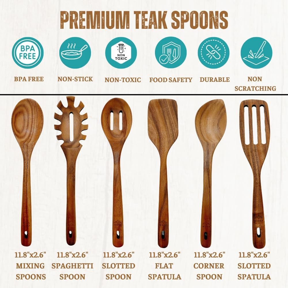 Wooden Utensils for Cooking, Premium Teak Healthy Spoons, Wooden Spoons for Cooking, Durable Eco-Friendly and Safe Teak Cooking Spoon, Cooking Gifts for Mom (set of 6) and Hooks