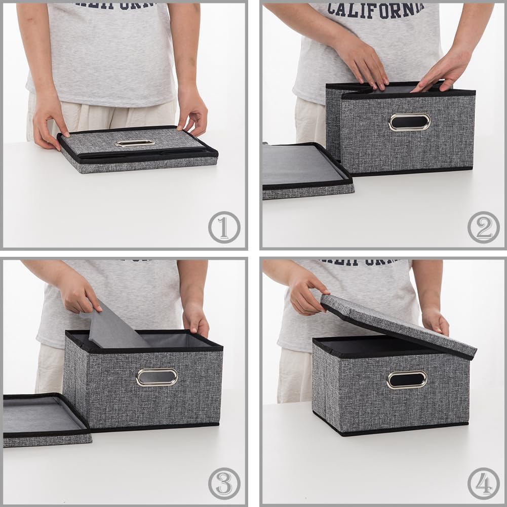 PRANDOM Storage Bins with Lids [3-Pack] Linen Fabric Foldable Storage Boxes Organizer Containers Baskets Cube with Cover for Home Bedroom Closet Office Nursery Grey（11.4X8.6X6.7