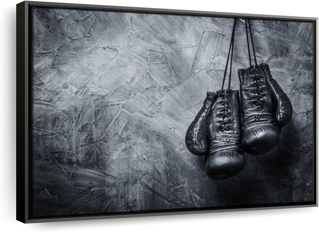 ElephantStock Boxing Gloves Wall Art - Horizontal Framed Canvas - 1-Piece Living Room Wall Decor - Photography Sports Canvas Print - Black and Gray Decor for Wall - 40" X 27"