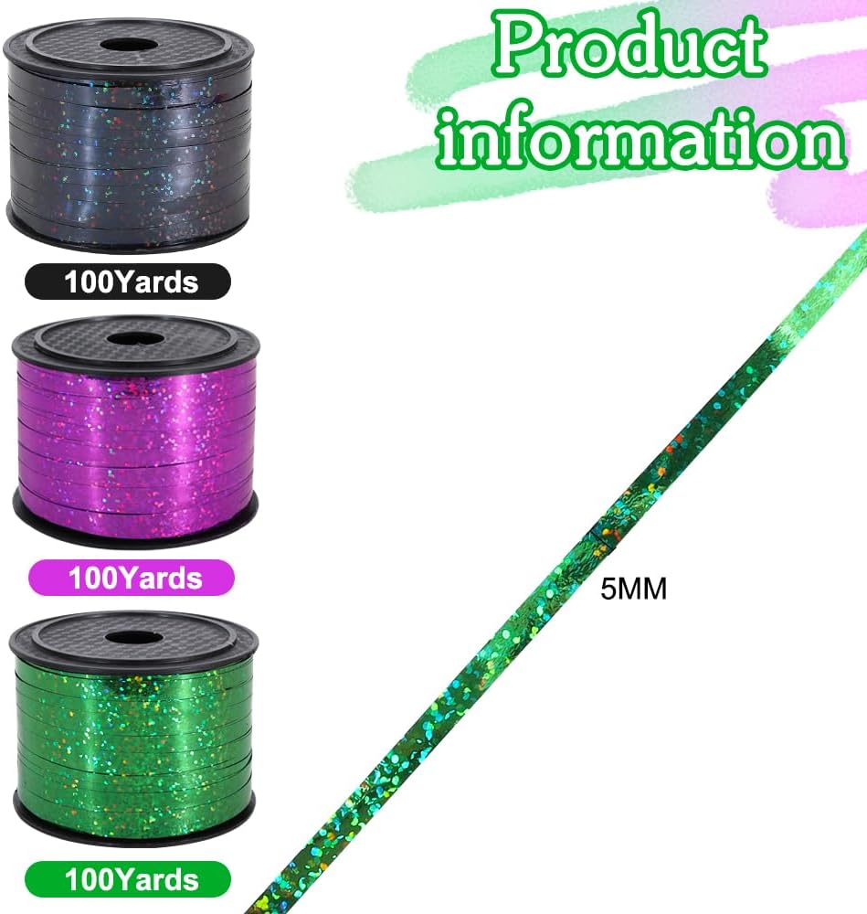 BEISHIDA 3 Pack 100 Yards Red Green Purple Halloween Curling Ribbon Balloon String Gift Wrapping Ribbon for Halloween & Birthday Parties, Holiday Decorations