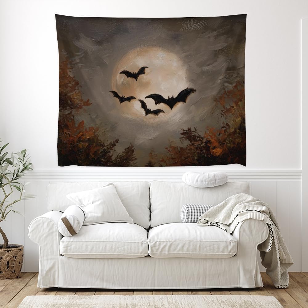 Spooky Halloween Bats Dark Academia Full Moon Autumn Leaves Wall Hanging Vintage Haunted Home Artwork Gothic Witchy Ghost Tapestries for bedroom Living Room Decor 60x80inch
