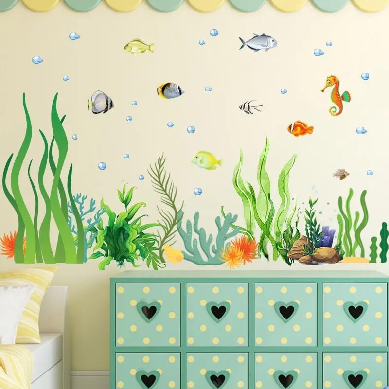 2 Sheets of 12x36 Inch Spring Summer Window Cling Sticker Fish, Plants, Aquatic Theme Window Stickers, Spring and Summer Decor, Home, Shop, Party Window, Glass, Wall Display Stickers (Aquatic Theme)