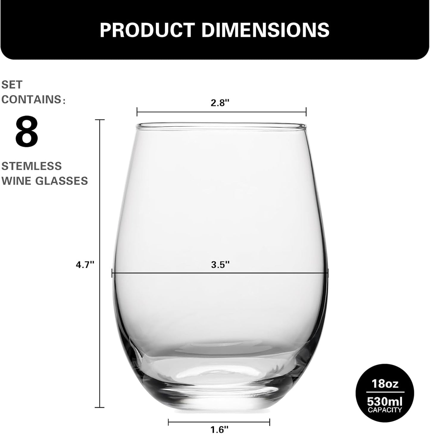 Stemless Wine Glasses Set of 8, 18 Ounces Red & White Wine Glasses for Party, Lead-free, Ideal Wine Accessories Gift (Clear)