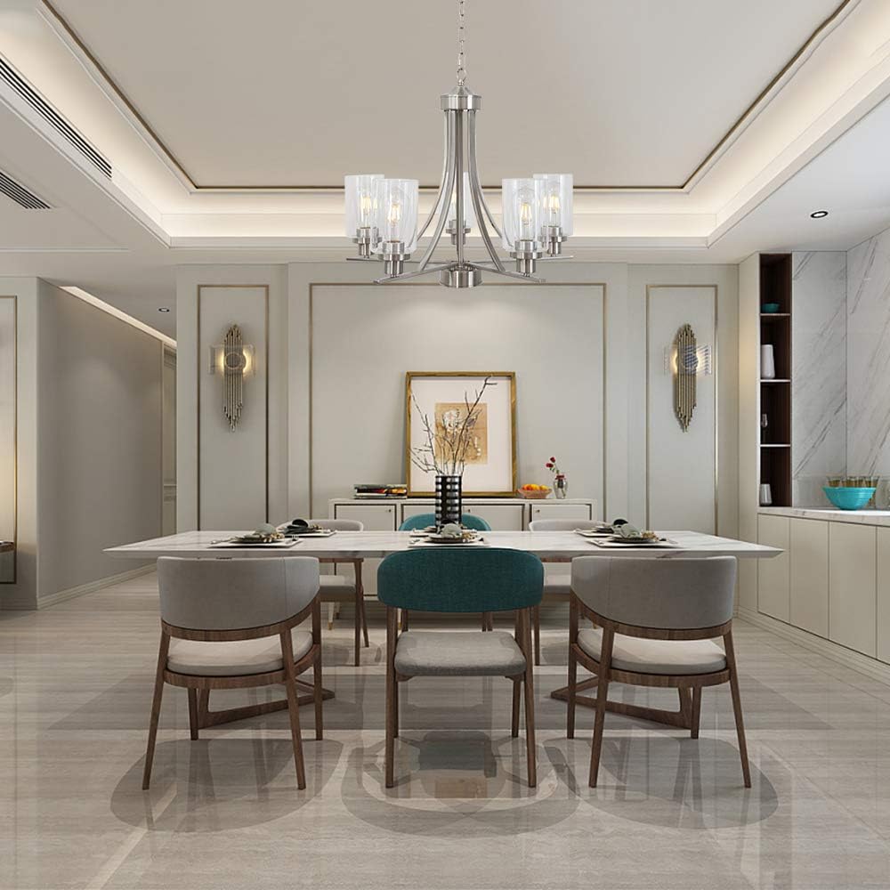 BONLICHT Traditional Chandelier Lighting 5 Light Brushed Nickel Modern Light Fixtures Hanging Pendant Lighting with Clear Glass Shade Classic Ceiling Lights for Kitchen Dining Room Living Room Island