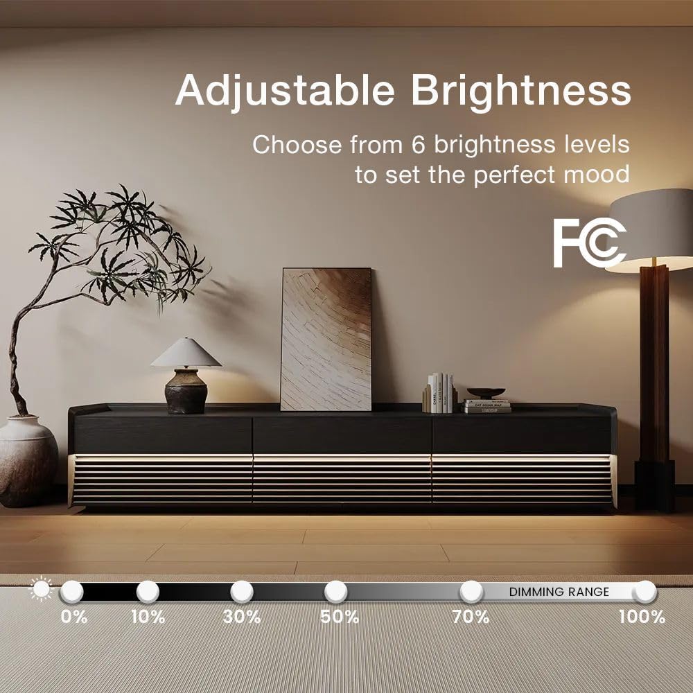 POVISON Fully-Assembled Mid Century Modern TV Stand, 94.49" Wood Media Console with Adjustable LED Light, Entertainment Center with Storage for Living Room