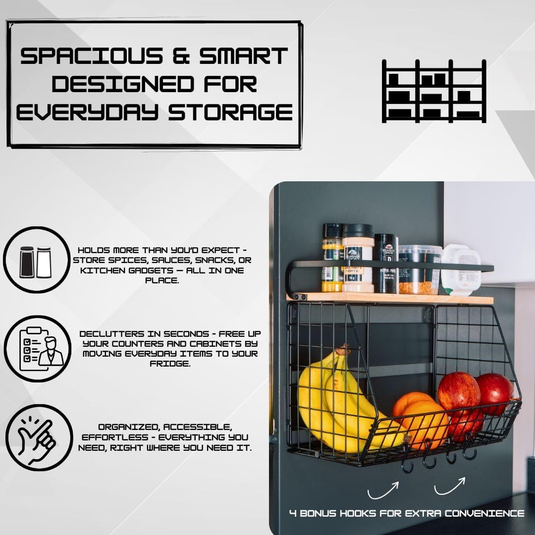 Magnetic Shelf For Fridge with Wood Lid - Fridge Magnet Organizer with 4 Hooks, Magnetic Basket for Fridge, Magnetic Storage for Refrigerator, Magnetic Spice Rack for Refrigerator