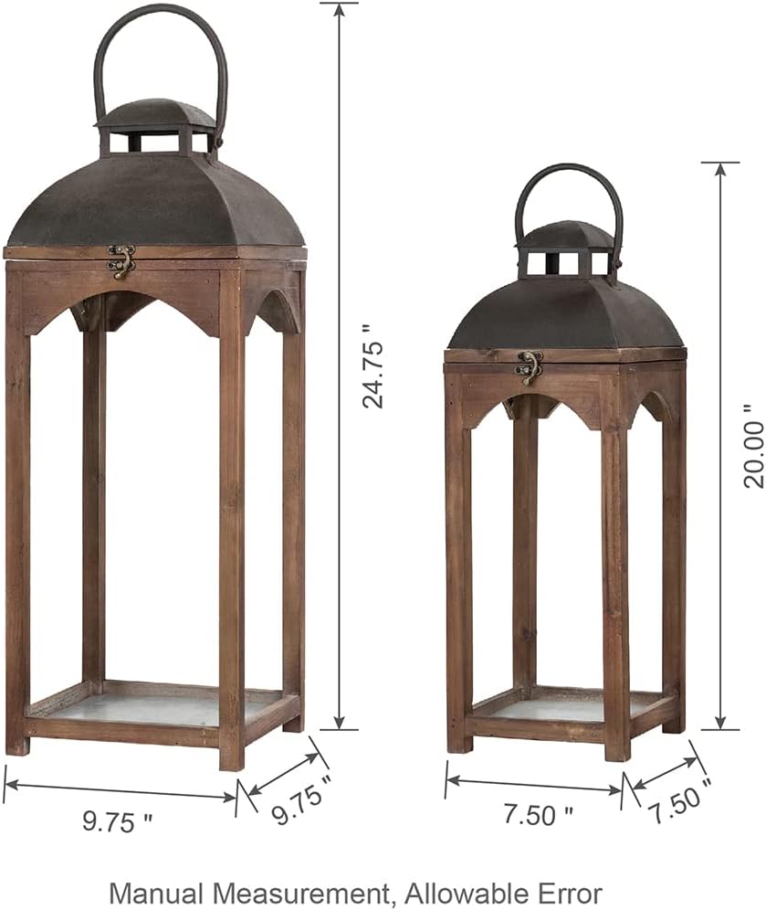 Glitzhome Set of 2 Mondern Farmhouse Wooden Lantern Hanging Decorative Candle Lanterns for Outdoor & Indoor Brown (No Glass)