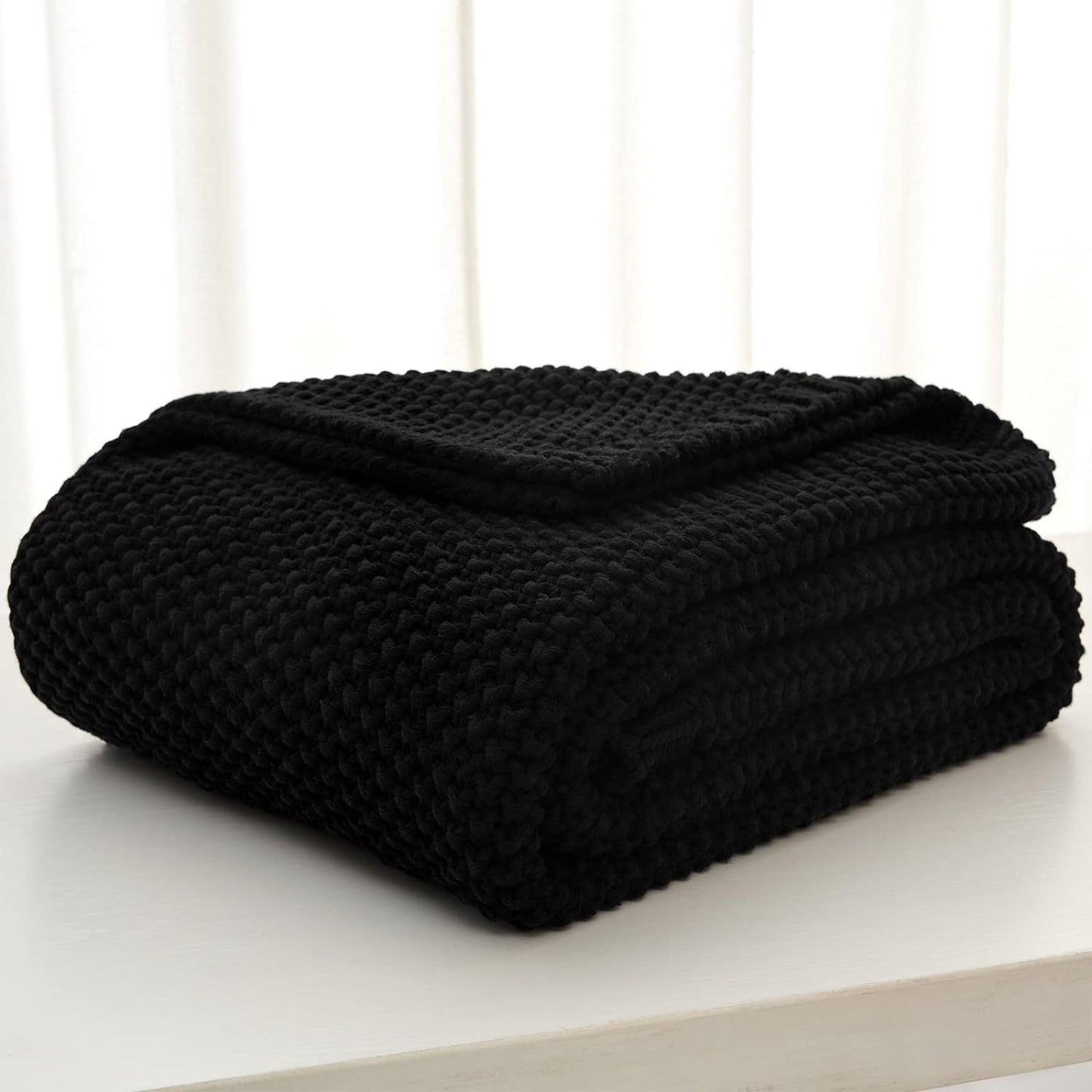 Longhui bedding Chunky Cable Knit Throw Blanket Lightweight Black 100% Organic Cotton Blanket for Sofa Couch Bed Baby Nursery, Rustic Shabby Chic Modern Farmhouse, 51” x 63” Give Laundering Bag
