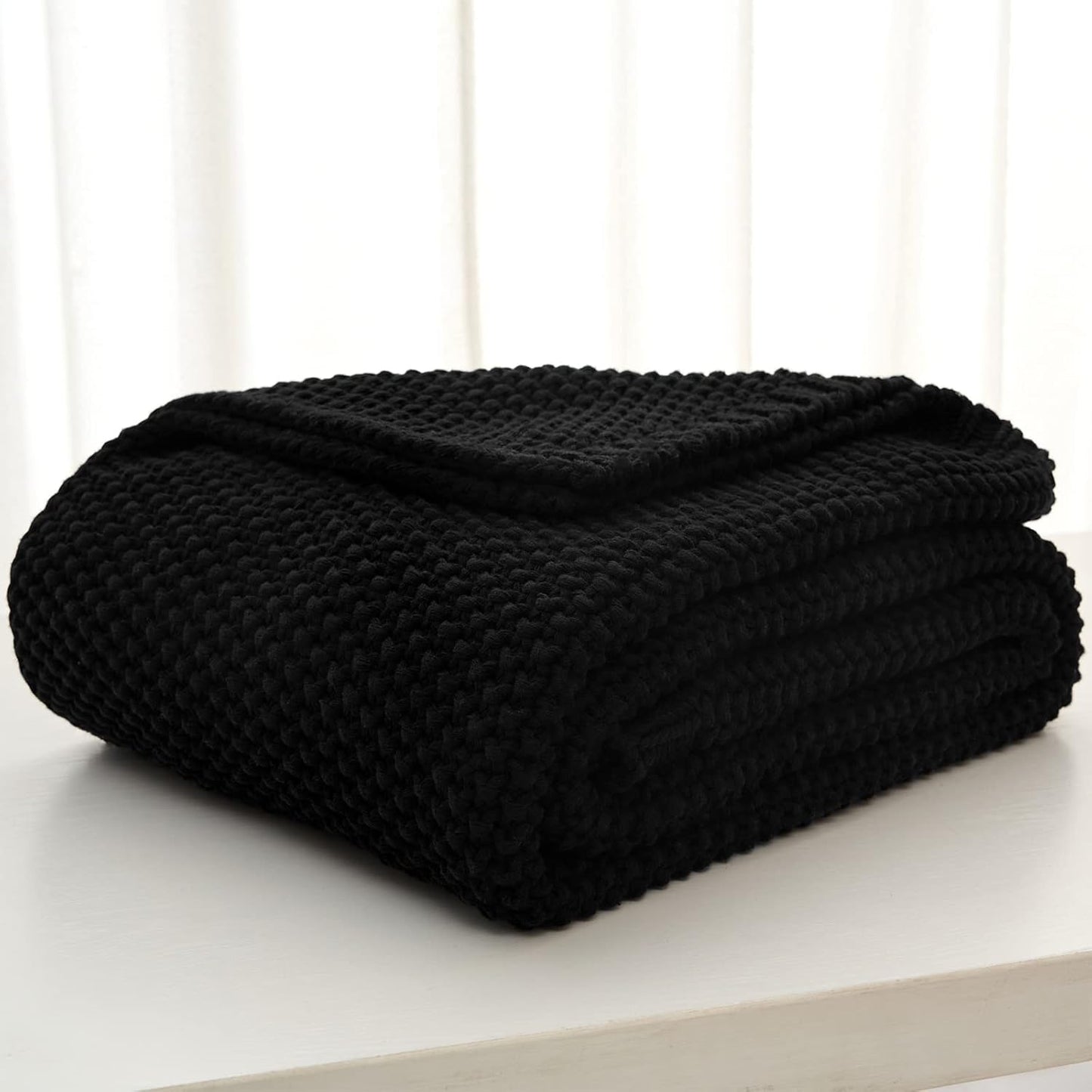 Longhui bedding Chunky Cable Knit Throw Blanket Lightweight Black 100% Organic Cotton Blanket for Sofa Couch Bed Baby Nursery, Rustic Shabby Chic Modern Farmhouse, 60” x 80” Give Laundering Bag