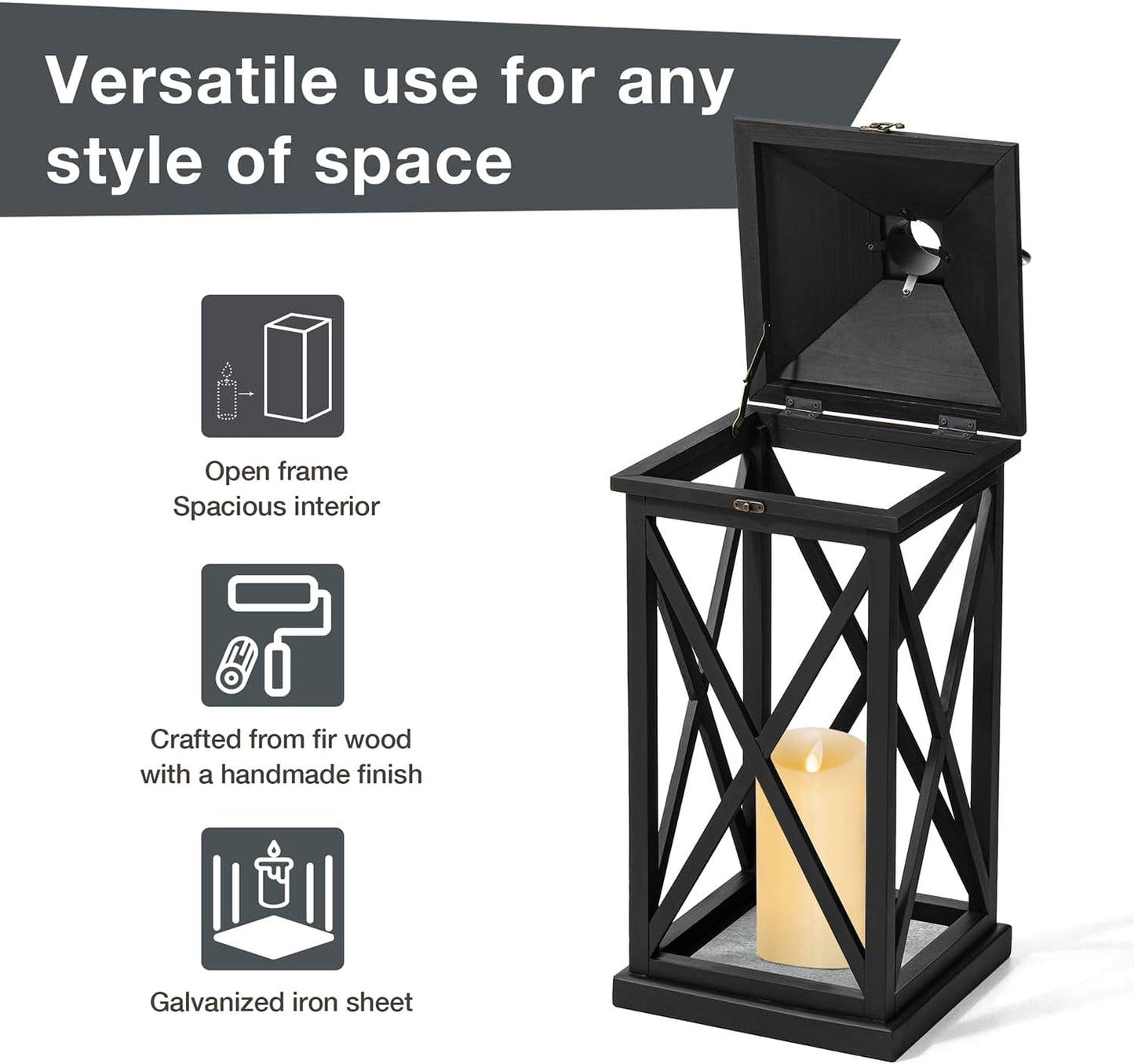 Glitzhome Modern Farmhouse Wooden Lantern Hanging Decorative Candle Lantern for Outdoor & Indoor Black Set of 2 (No Glass)