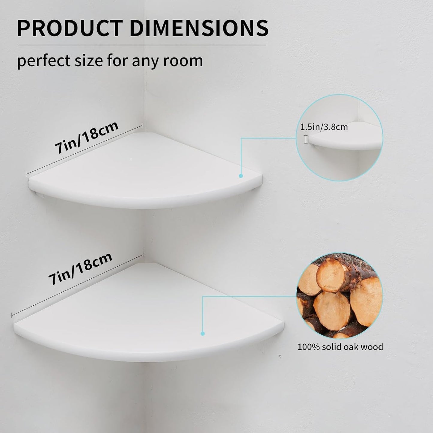 Corner Shelves, Floating Corner Shelf, Set of 2 Solid Oak Wood Wall Shelves, Round End Wall Mount with Wire Hole Shelving for Small Plant for Bedroom Kitchen, Living Room (White, 7.1in 2P)