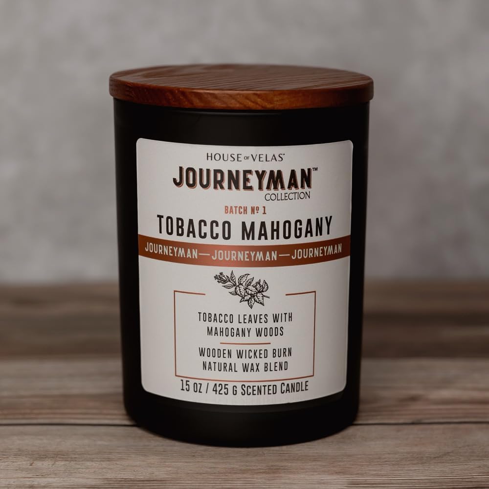 Journeyman Collection Candle, 15oz, Wooden Wick, Tobacco Mahogany, Large Painted Jar
