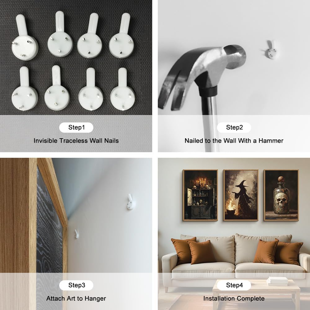 HPNIUB Halloween Witch Framed Canvas Wall Art Set, Terrifying Skeleton Poster Artwork, Vintage Halloween Wall Decor, Dark Academia Gothic Pictures for Bedroom Living Room Bathroom Party-16 x24 x3