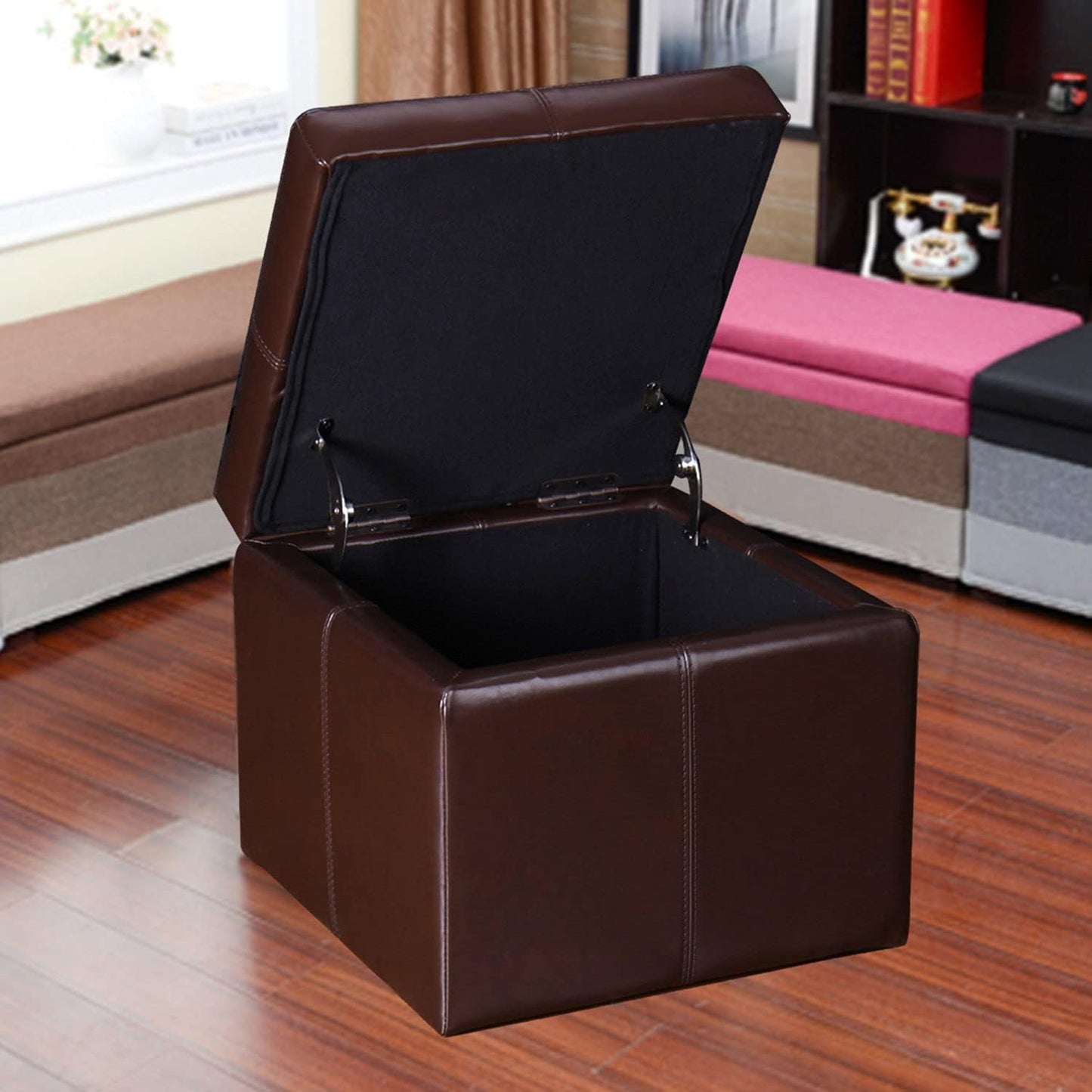 Adeco 17.7" Leather Cube Storage Brown Ottomans for Living Room