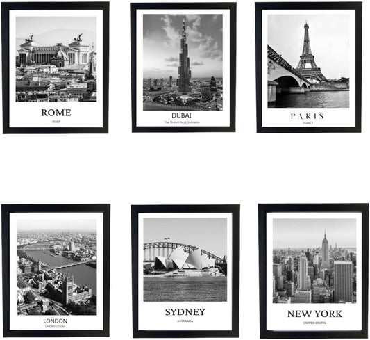 Black And White Wall Art Decor,New York, London, Tokyo, Paris, Eiffel Tower Wall Decor Art,Modern Boho Wall Art for Living Room Bedroom Prints Poster,8x10 Inch Set of 6,Framed