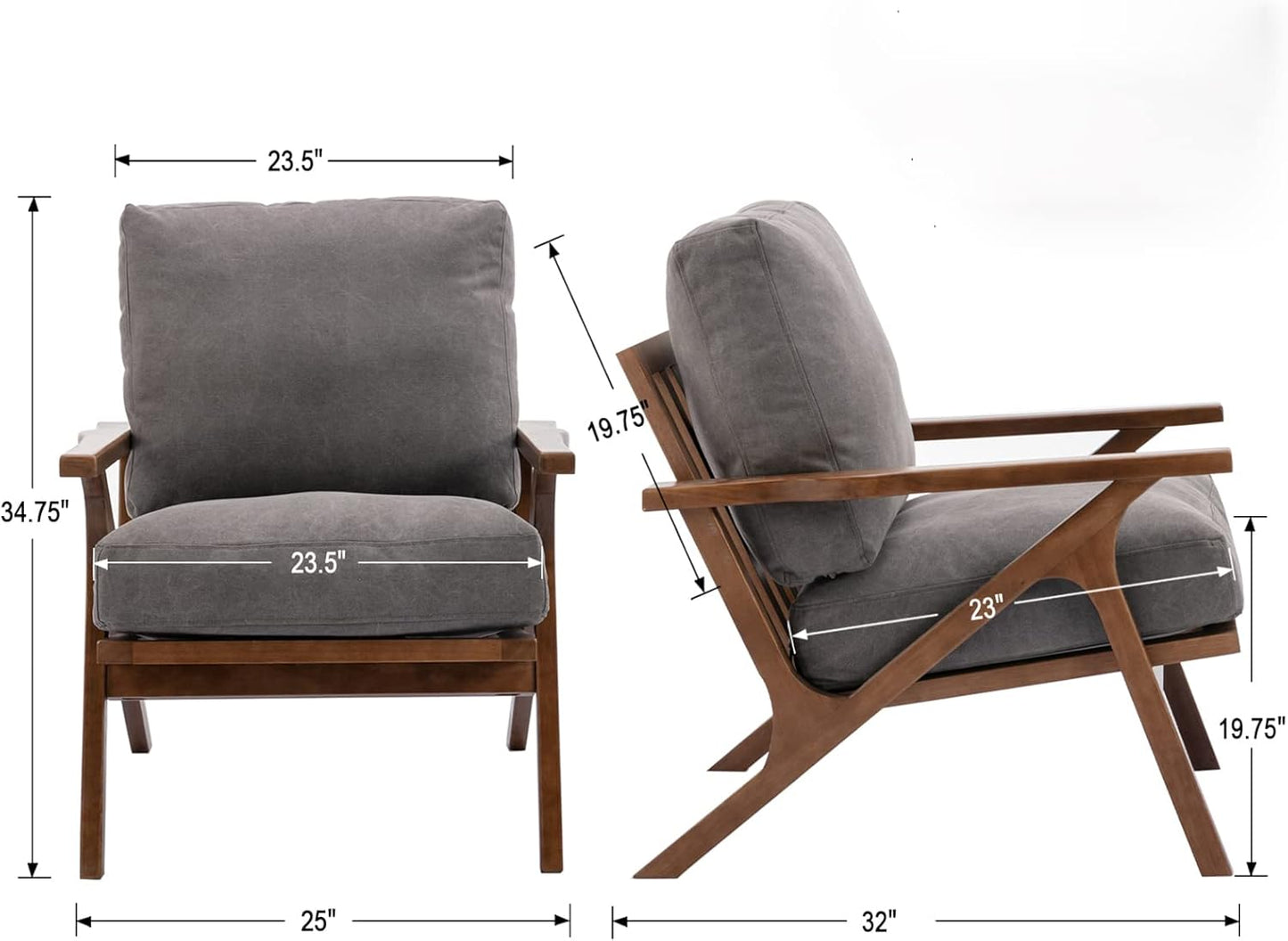 HNY Set of 2 Mid Century Accent Chair, Upholstered Armchair with Wood Frame and Canvas Cushions, Leisure Reading Chair Slipper Chair for Living Room, Bedroom, Gray