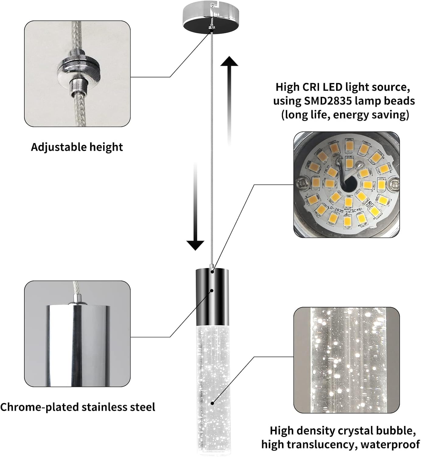 OKELI Modern Pendant Lights,LED Bubble Crystal Kitchen Island Light Fixtures,Chrome Mini Single Pendant Lighting for Kitchen Island,Bar,6W,6000K,ETL,3Pack