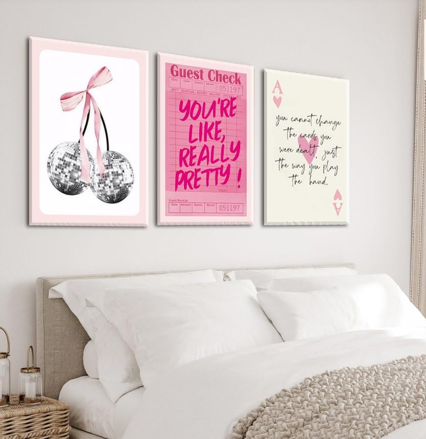 Pink Preppy Wall Art Framed Set of 3 Trendy Coquette Disco Cherry Posters Retro Guest Check Canvas Prints Poker Painting Positive Quote Pictures Room Decor Aesthetic for Girls Bedroom Dorm 12x16in