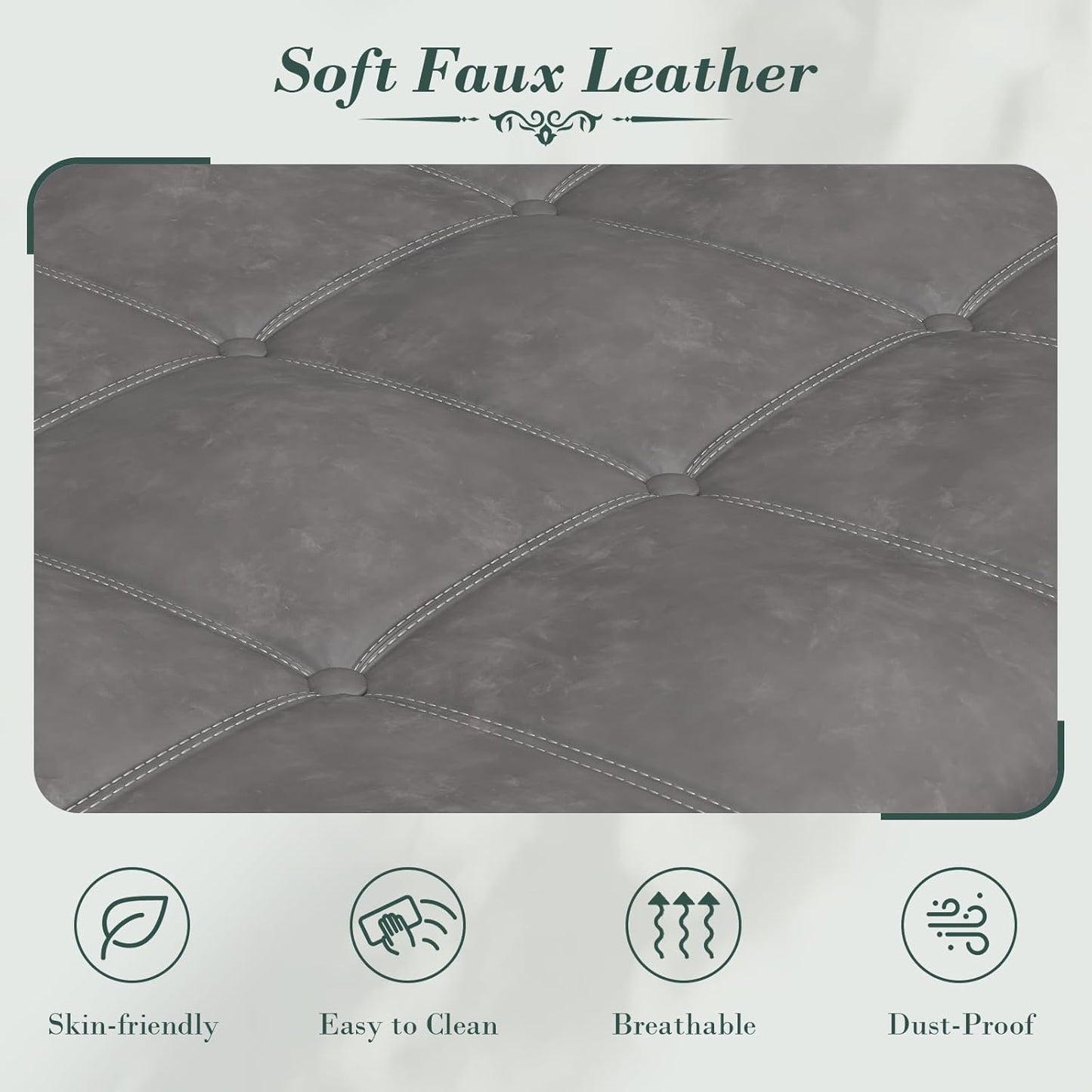 Apicizon 51”Bench with Storage, Upholstered Tufted Button Window Bench with Plenty Hidden Storage Space,Faux Leather Ottoman Bench for Bedroom, Living Room, Entryway，Gray